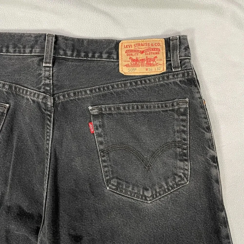 Levis 505 Black Denim Jeans Mens Size 36x32 Regular Fit Y2K Made in Mexico